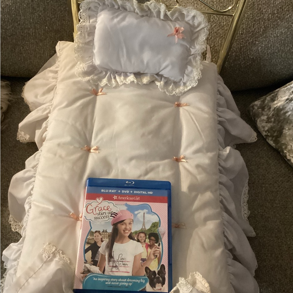 American Girl White Doll Bed with Pink Embroidered Accents and Gold Frame - Picture 2 of 3
